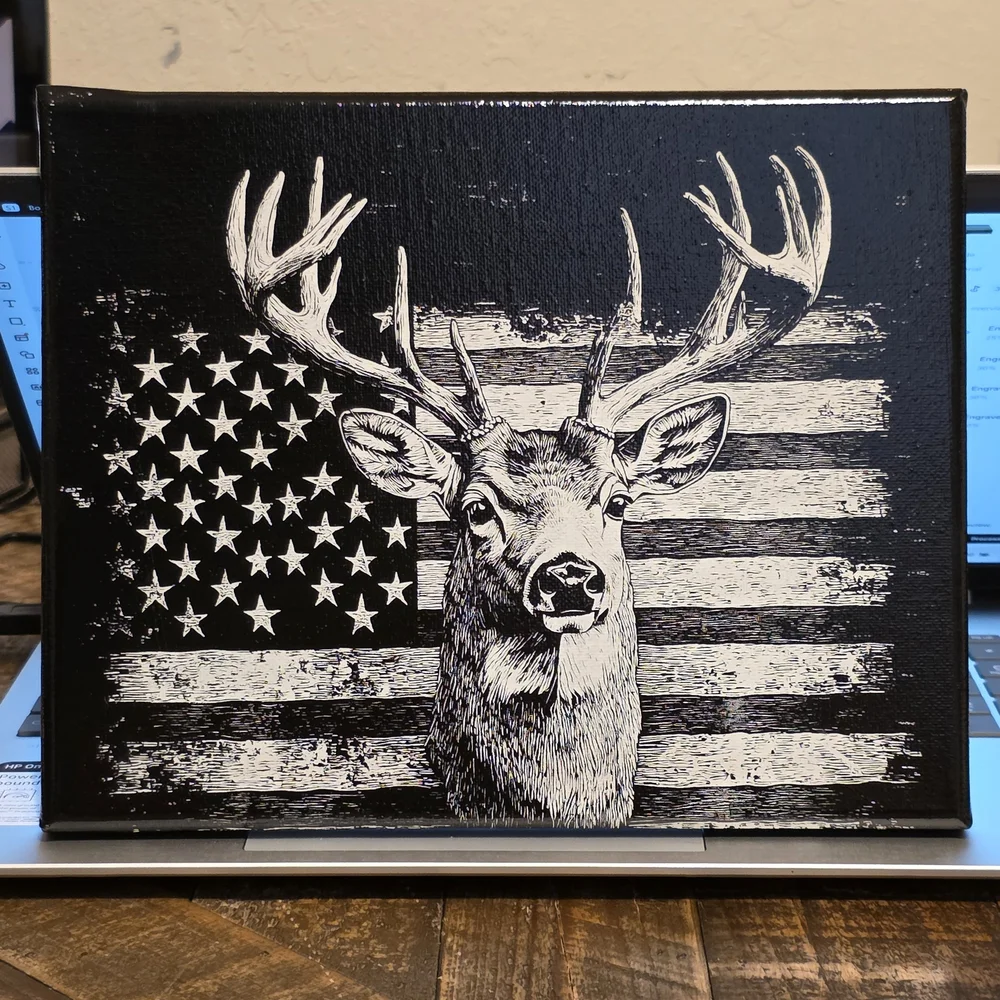 Black and White Deer And Flag Canvas Wall Art - Laser Etched - NEW